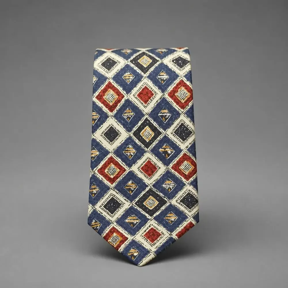 VTG Countess Mara Silk Tie Blue  Geometric Mosaic Diamond Gold Coin Crest USA